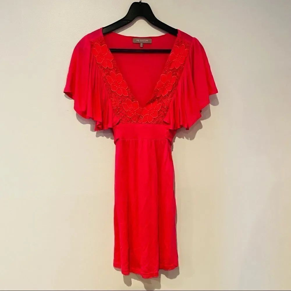 MM COUTURE by Miss Me Pink Deep V-Neck Frill Sleeve Tunic Dress Size Medium